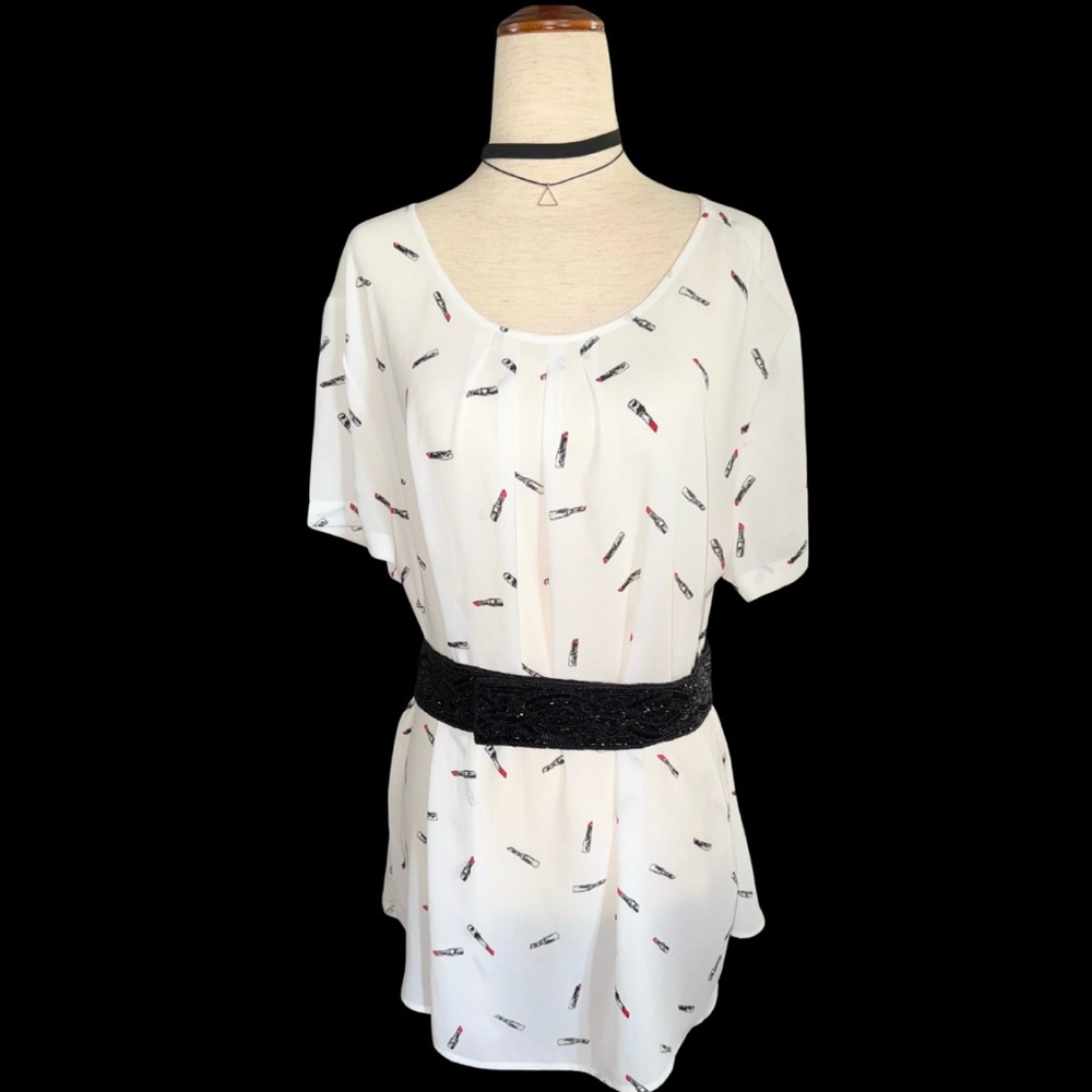 Sheer White Lipstick‎ 💄 Print Women's Top Size XL